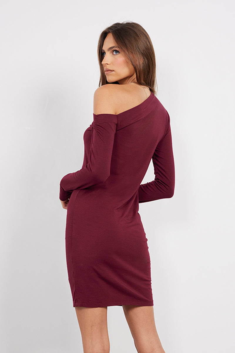 ONE SHOULDER LONG SLEEVE DRESS DK PORT / S ONE SHOULDER LONG SLEEVE DRESS DK PORT / S