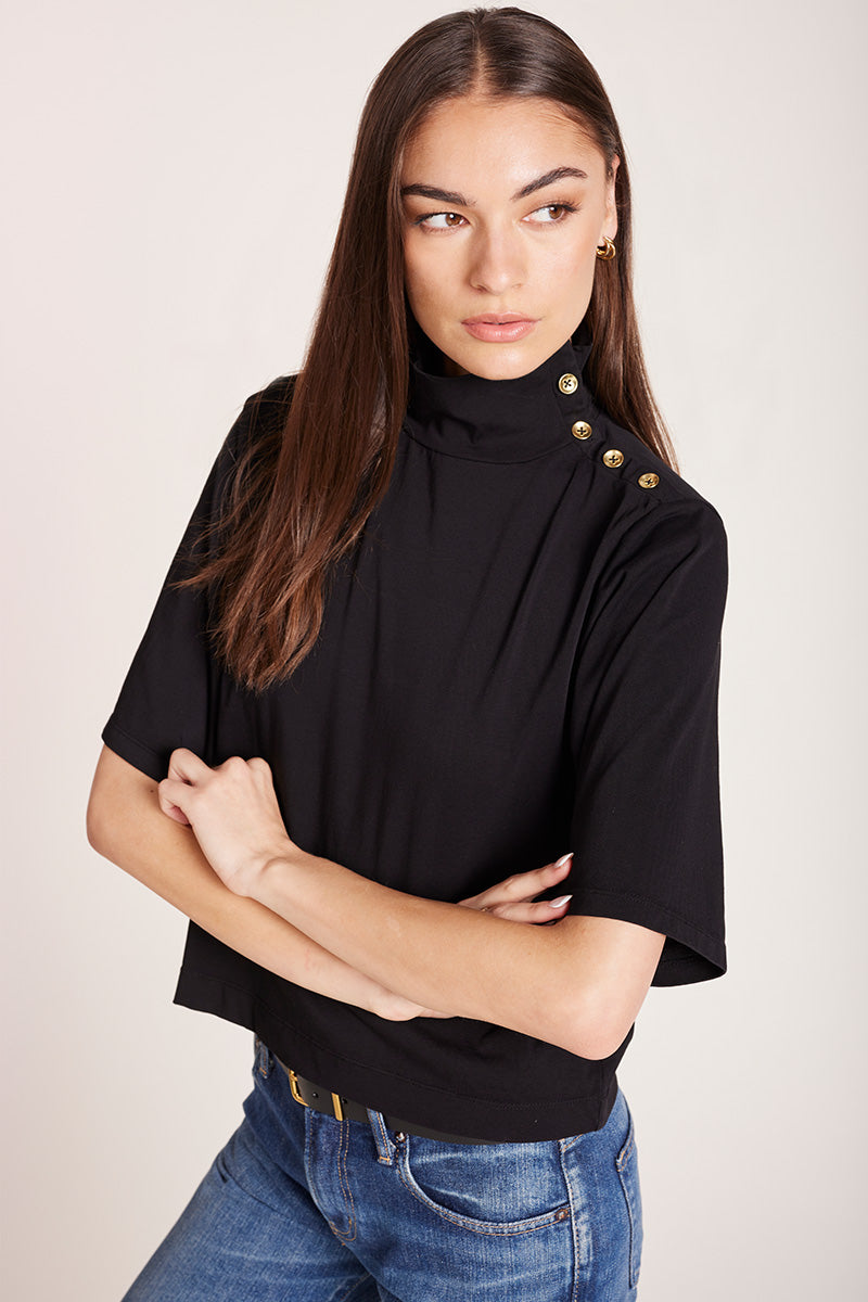 BOXY BUTTONED MOCK NECK