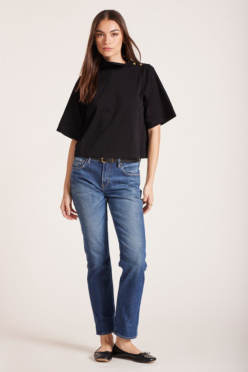 BOXY BUTTONED MOCK NECK