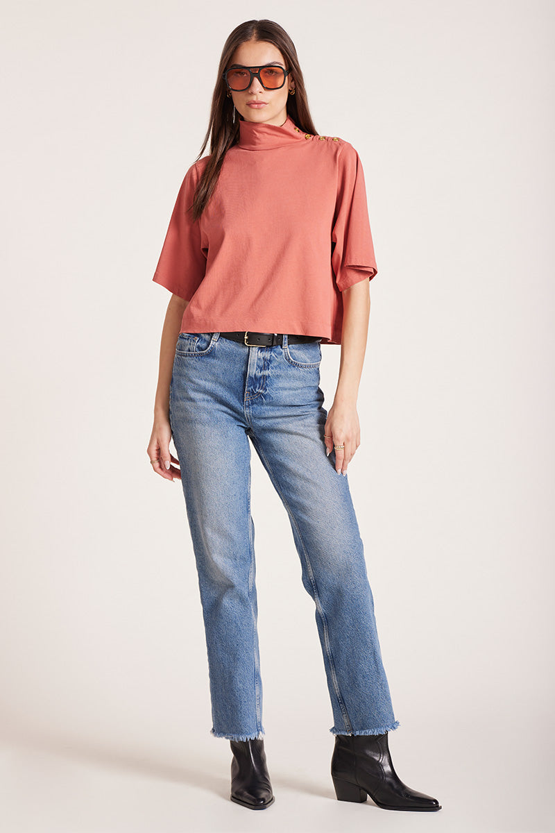 BOXY BUTTONED MOCK NECK