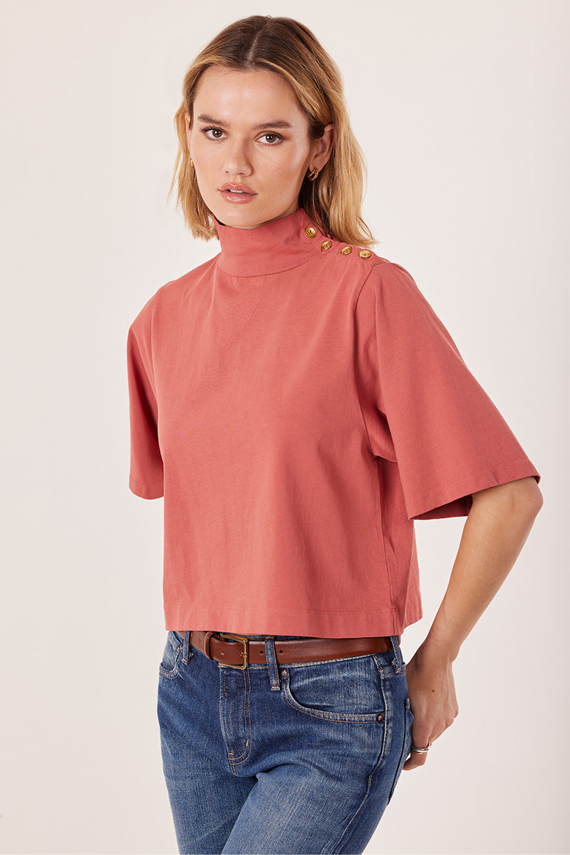 BOXY BUTTONED MOCK NECK