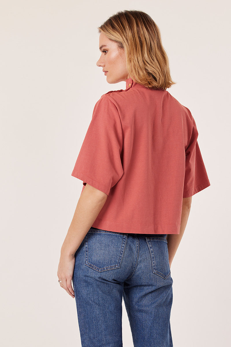 BOXY BUTTONED MOCK NECK