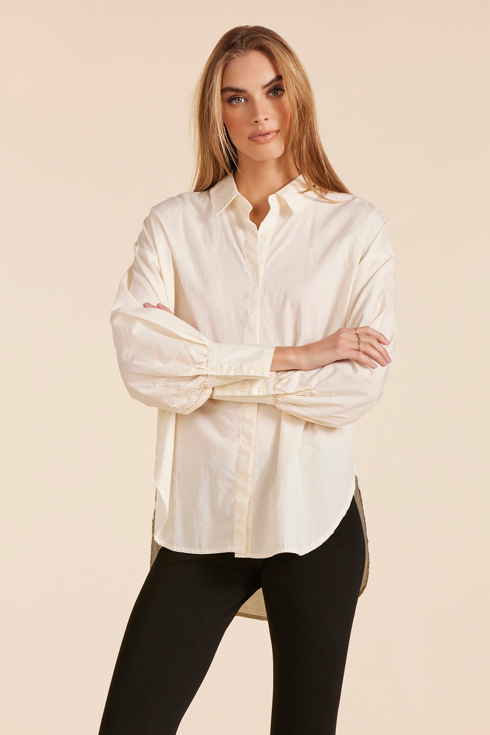 OVERSIZED SHIRRED BUTTON FRONT BLOUSE