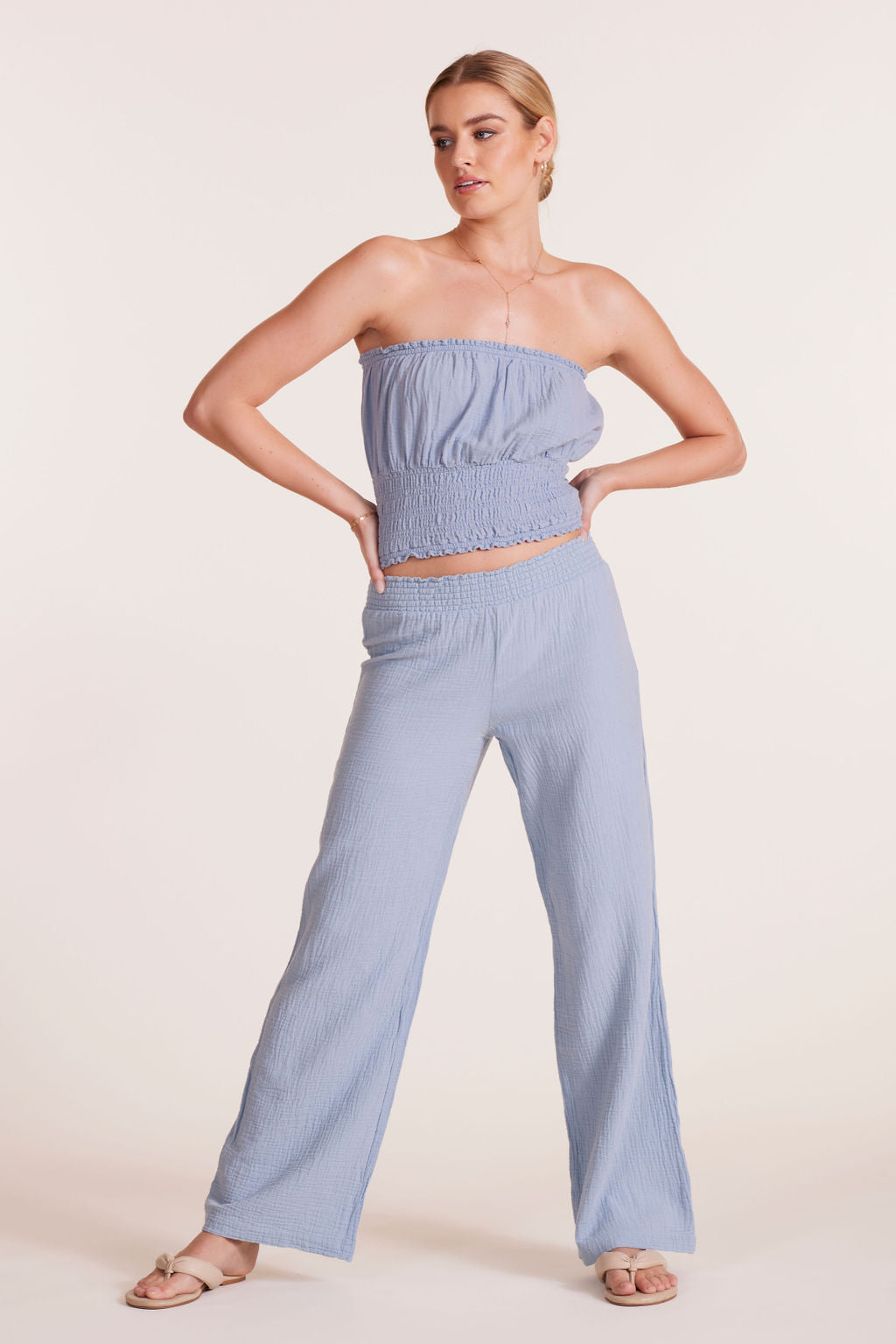 SMOCKED WAIST WIDE LEG PANT
