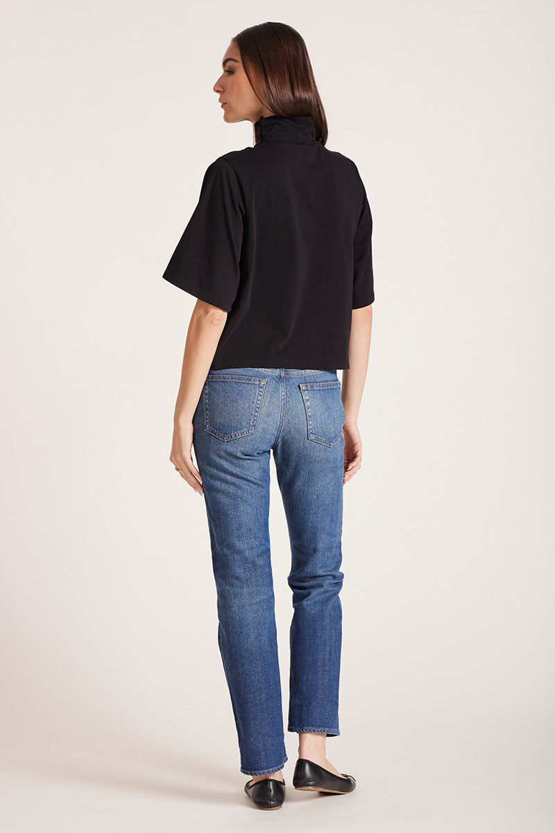 BOXY BUTTONED MOCK NECK
