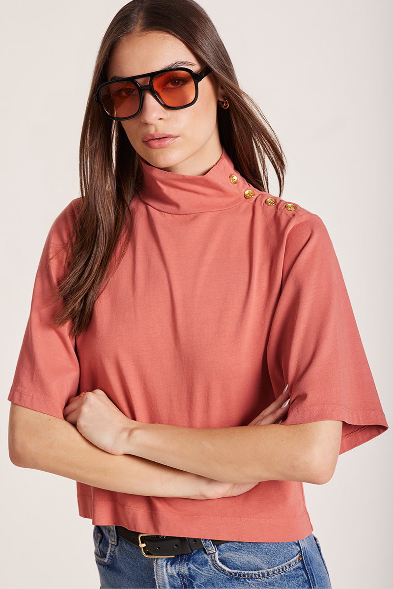 BOXY BUTTONED MOCK NECK