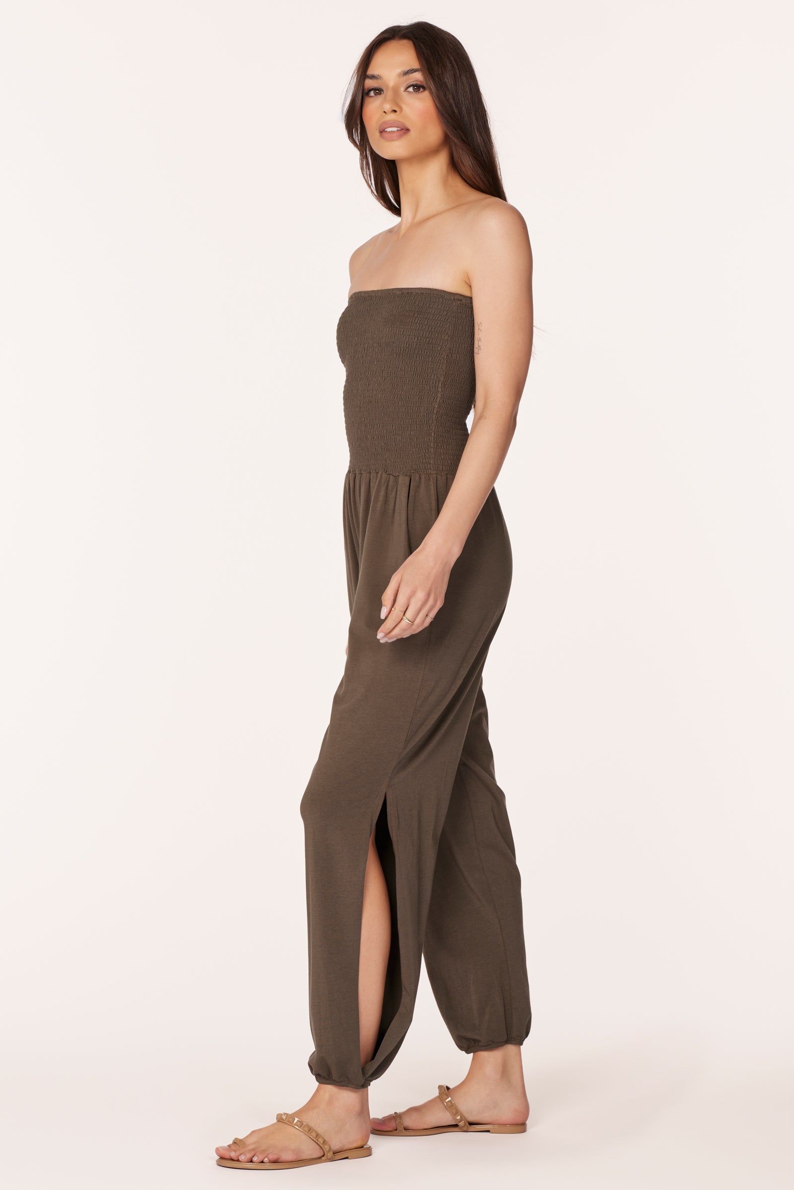SMOCKED TOP SPLIT LEG JUMPSUIT