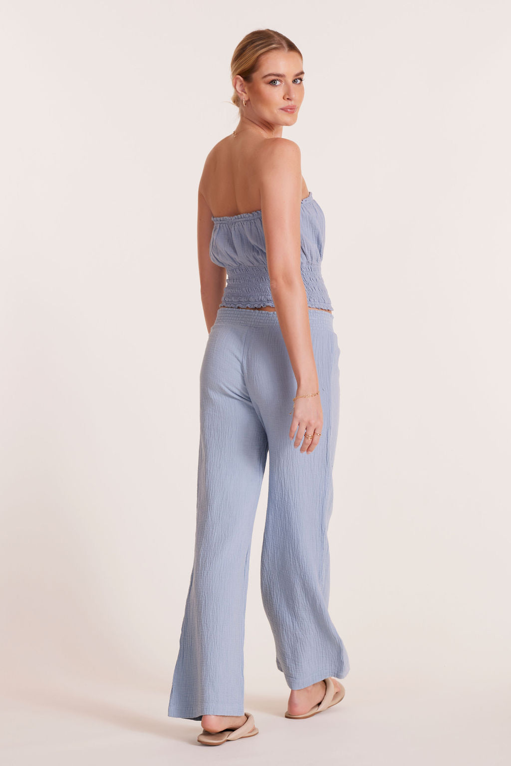 SMOCKED WAIST WIDE LEG PANT