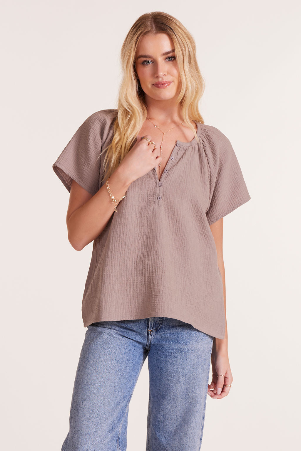 SHIRRED HENLEY BLOUSE