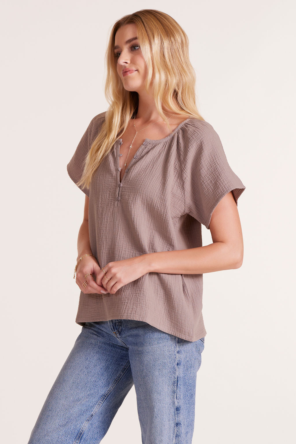 SHIRRED HENLEY BLOUSE