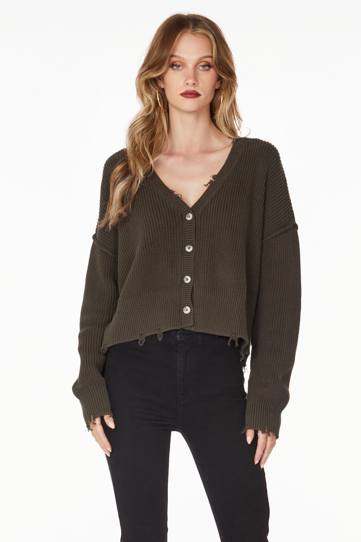 DISTRESSED BUTTON FRONT CARDIGAN