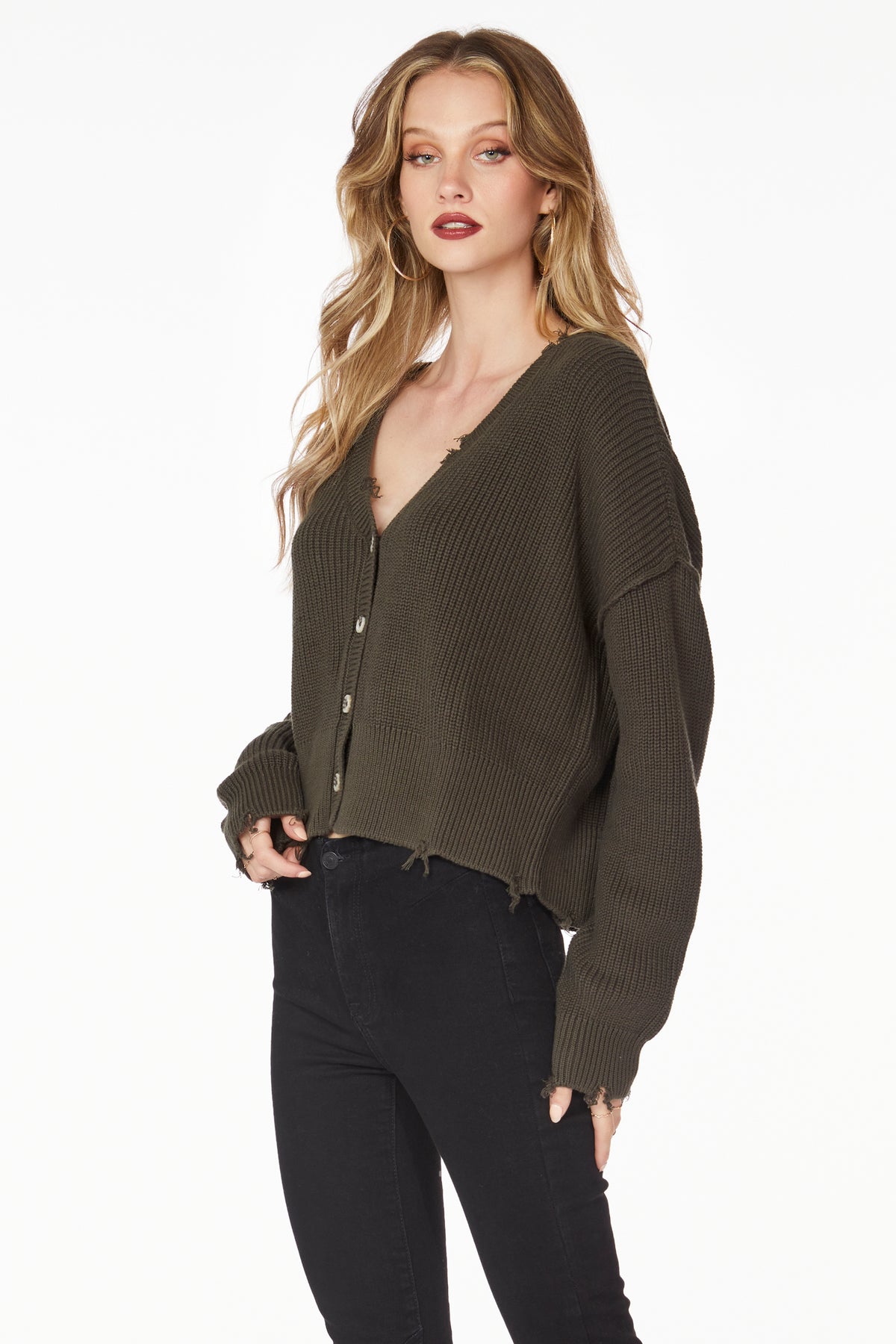 DISTRESSED BUTTON FRONT CARDIGAN
